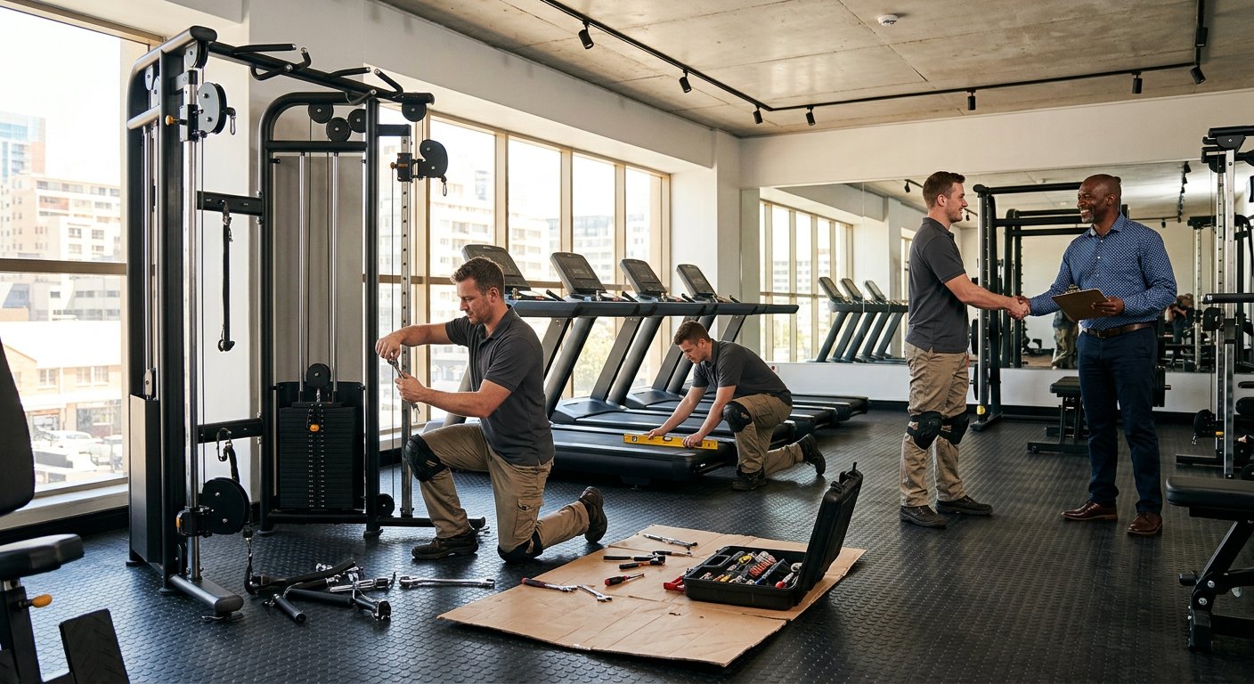 Matrix Fitness South Africa technicians installing equipment and handing over a new commercial gym to its owner