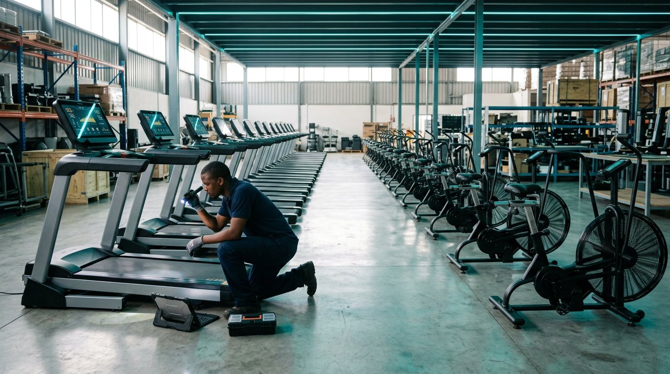 Cardio division quality-control line with rows of commercial treadmills and air bikes being inspected