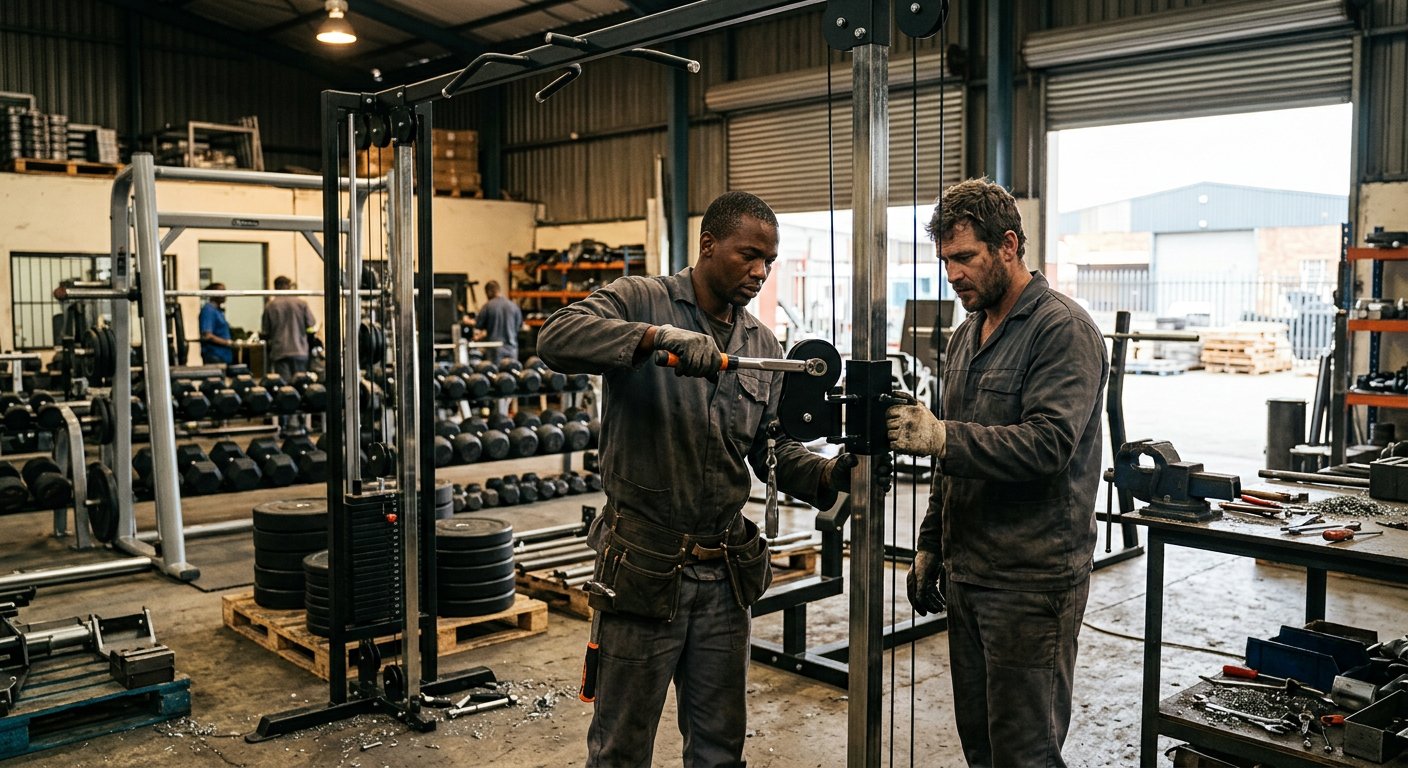 Strength division assembly bay with dumbbell racks, weight plates and technicians assembling a cable rig