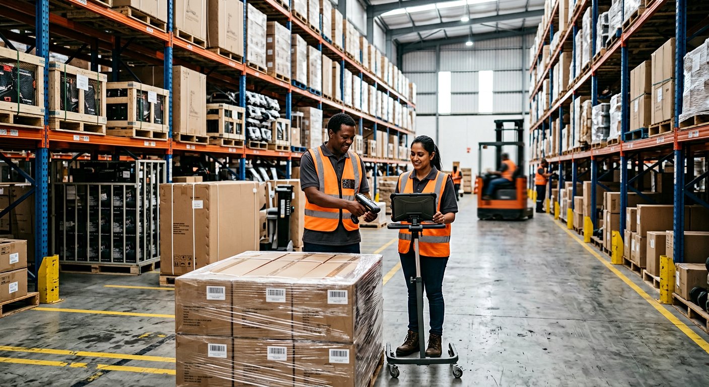 Matrix Fitness South Africa fulfilment and distribution centre with staff scanning pallets of gym equipment