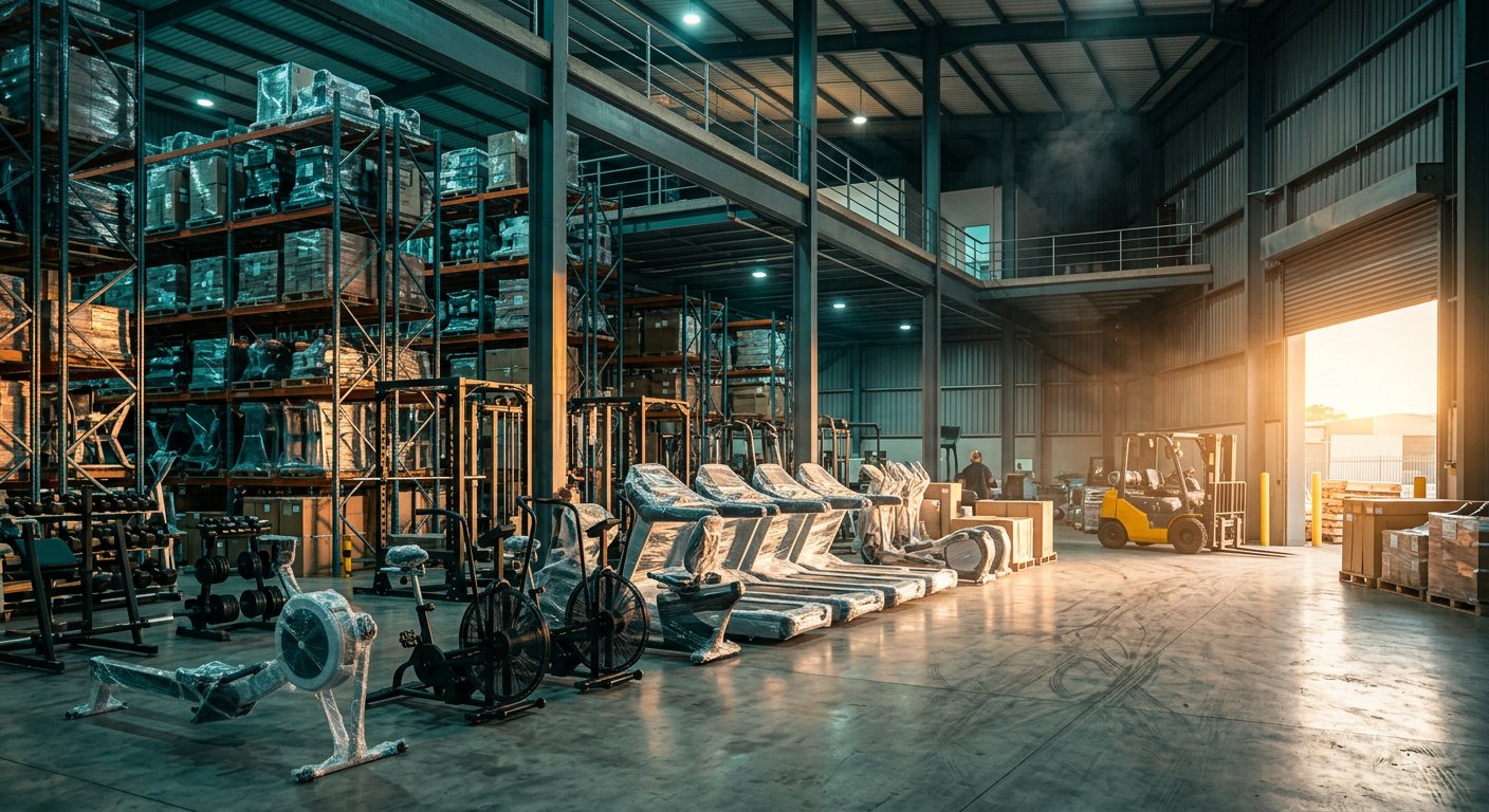 Matrix Fitness South Africa distribution facility with commercial gym equipment staged for dispatch in Johannesburg