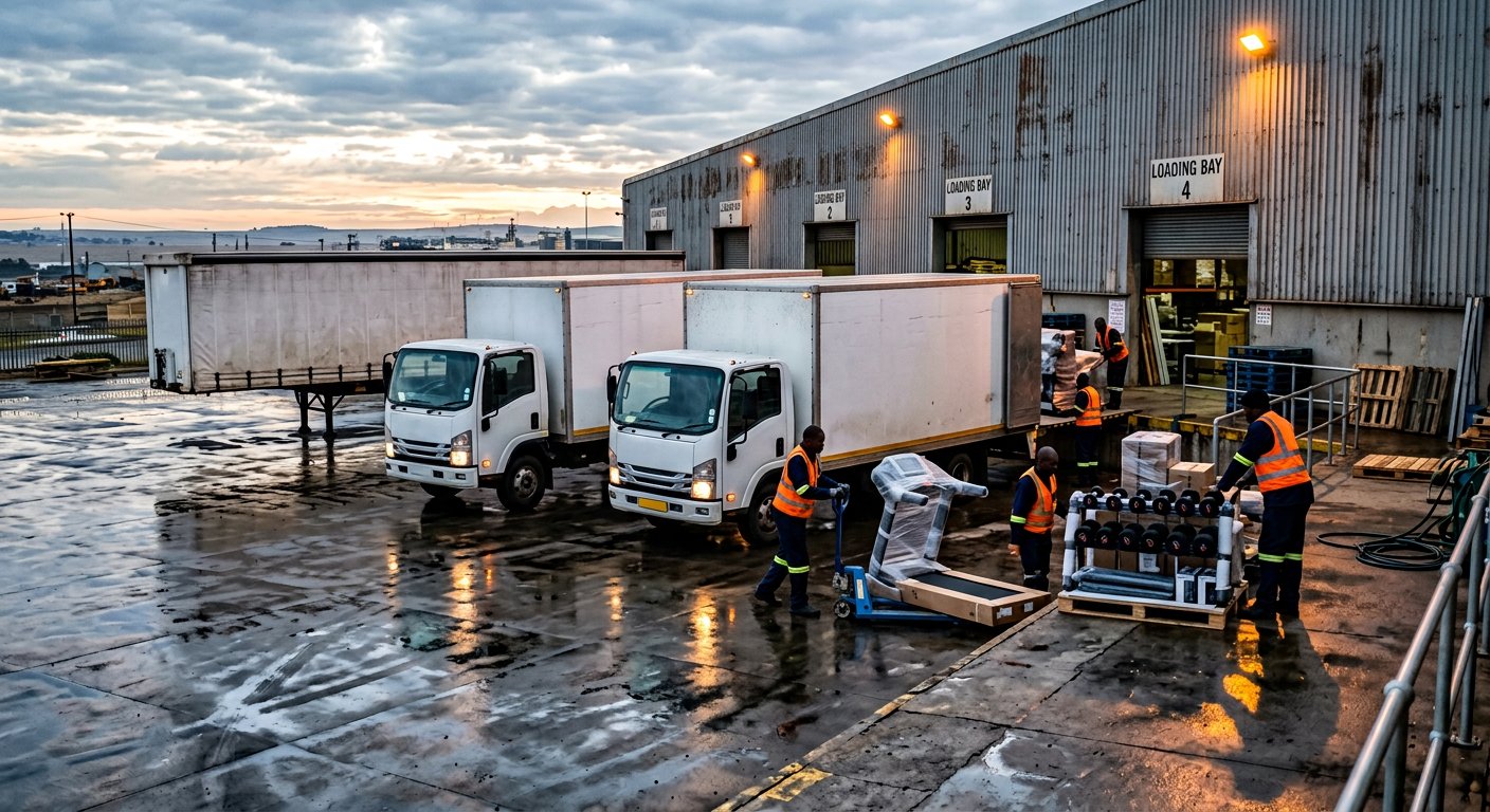 Matrix Fitness South Africa delivery fleet loading wrapped gym equipment at the distribution centre loading bays at dawn