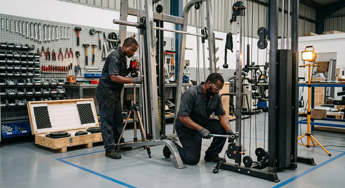 Technicians assembling and calibrating a cable strength machine with torque tools in the assembly bay