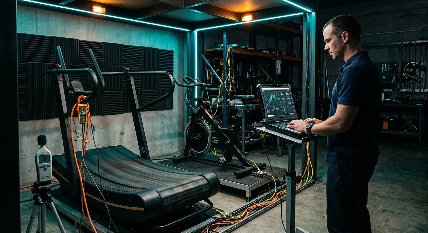 Computerised load and run-in test cell with a treadmill connected to telemetry instrumentation