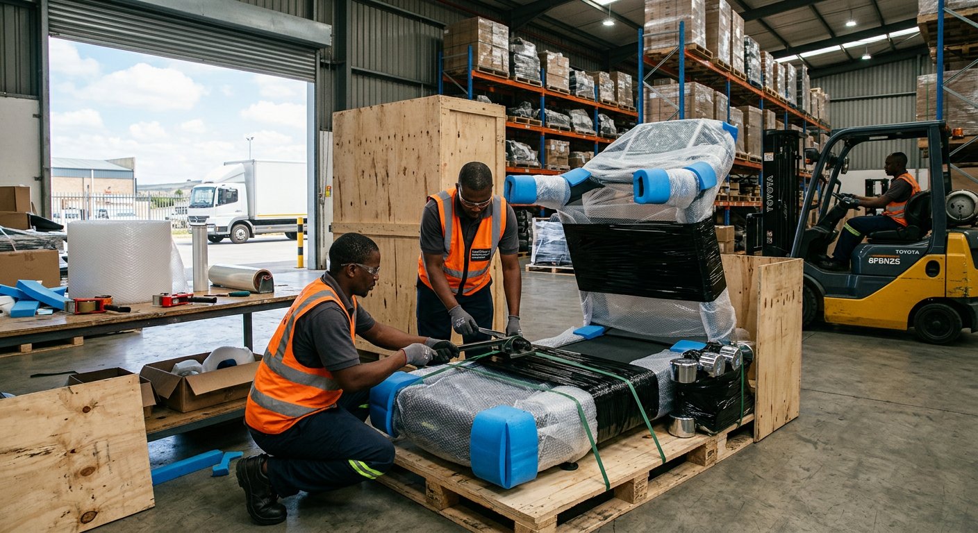 Warehouse staff strapping foam-protected gym equipment into protective packaging for insured courier dispatch