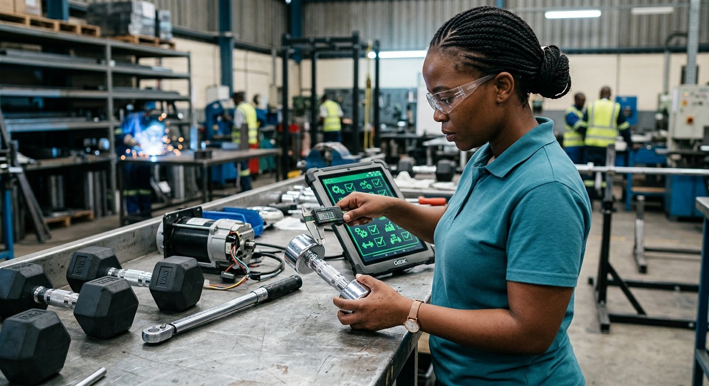 Technician measuring a chrome dumbbell handle with digital calipers during incoming quality control